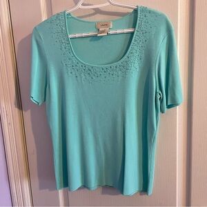 Laura Aqua Embellished Scoop Neck Short Sleeve Top